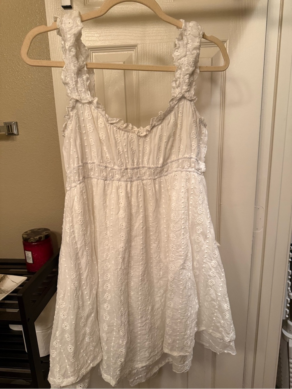 White Eyelet Ruffled Strap Dress